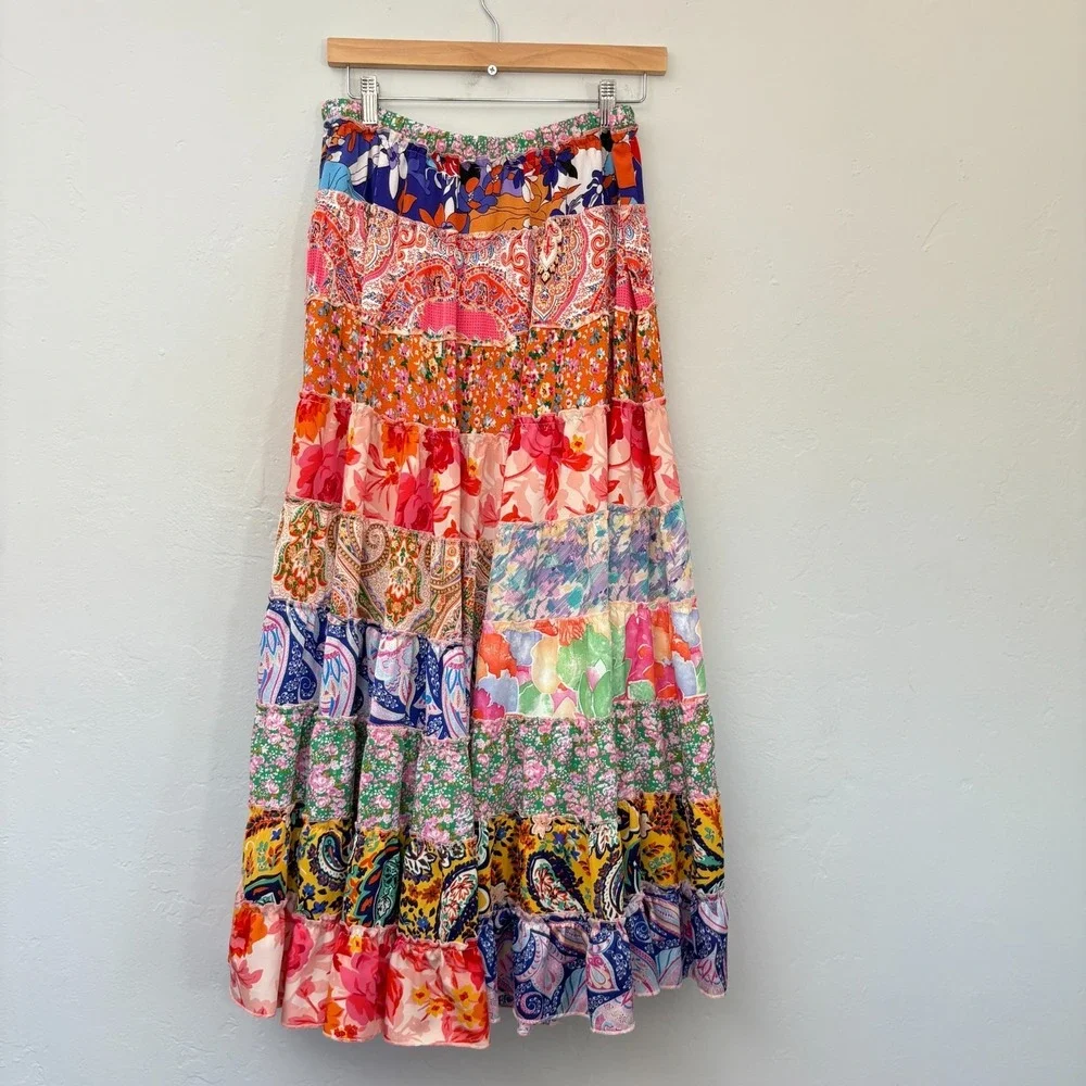 White Burch Floral Maxi Skirt Women Large Multicolor Tiered Gypsy Pull On Flaw - Picture 8 of 14